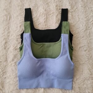 3PK Ribbed Seamless Sports Bra Tank Set  Black/Green/Candy Blue Size Small NWOT